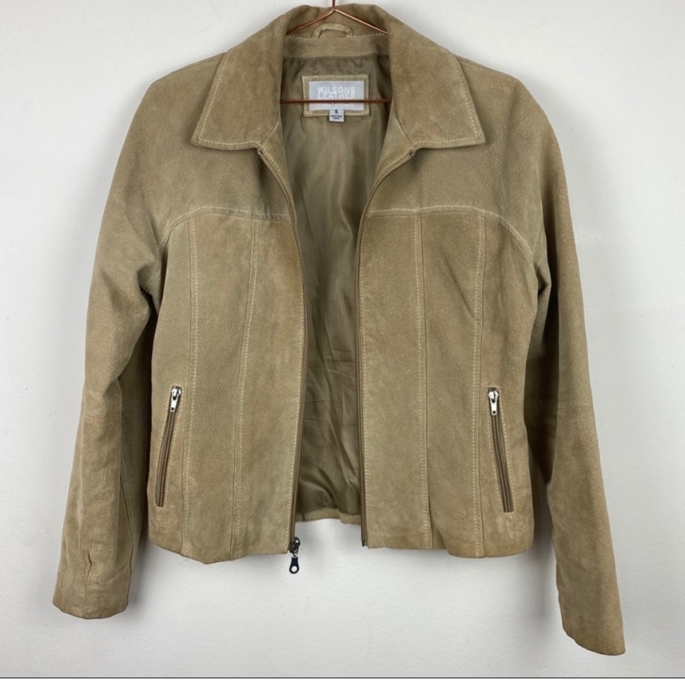 Wilson's Leather Tan Suede Boho Cottage Core Zip Pocket Cropped Moto Jacket S